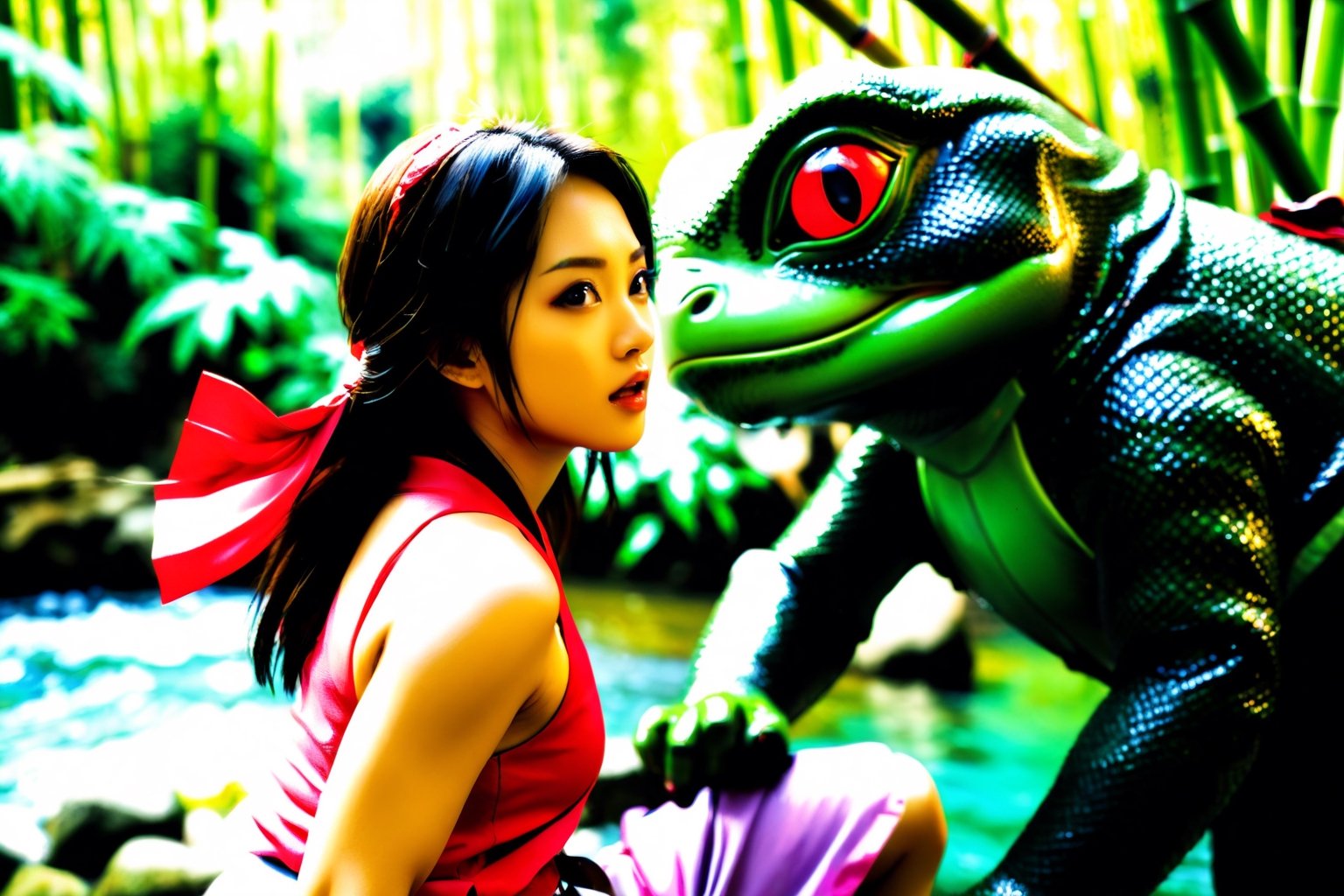 (masterpiece:1.1), (best quality:1), (ultra high res:1.2), 8k, photo real, (beautiful and clear background:1.0), (depth of field:1),Girl fighting with kappa, river side, bamboo forest