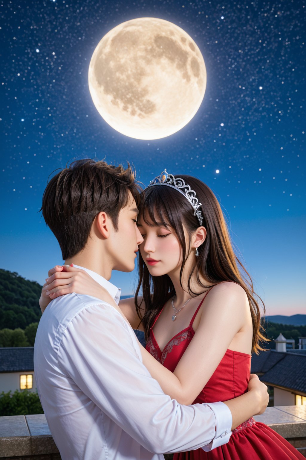 A serene couple, entwined in a romantic embrace, gazes up at the majestic harvest moon, its radiant glow casting an ethereal light upon their faces. The full moon's creamy white hue is subtly diffused by wispy clouds, imbuing the scene with a sense of mystique. Against the starry night sky, the rooftop's weathered tiles and rustic railings provide a charming backdrop for this whimsical fantasy, as if plucked from a dream.