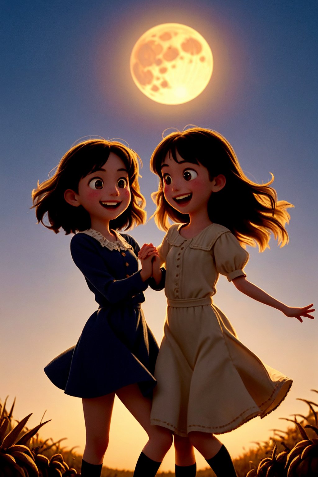 Girls in sync, arms entwined, under the warm glow of a harvest moon. Golden light casts long shadows across the ripe fields, as they sway to the rhythm of the night air. The full moon hangs low, illuminating their joyful faces and the cornstalks swaying gently around them.