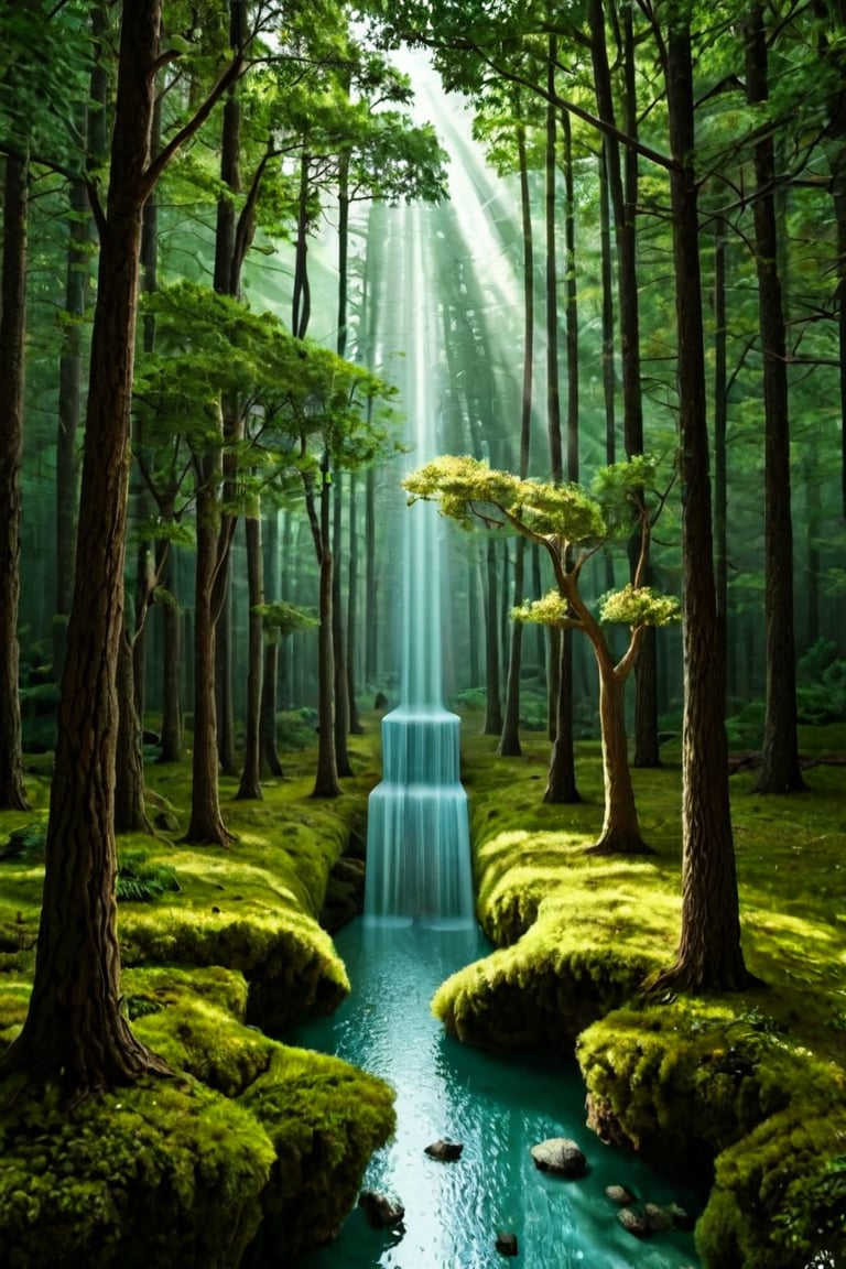 A serene forest glade, bathed in warm sunlight filtering through towering trees, their canopies a vibrant green. A gentle stream meanders softly through the underbrush, its crystal clear waters reflecting the dappled light above. Tall ferns and wildflowers sway gently in the breeze, surrounding a lone figure standing at the water's edge, lost in thought.