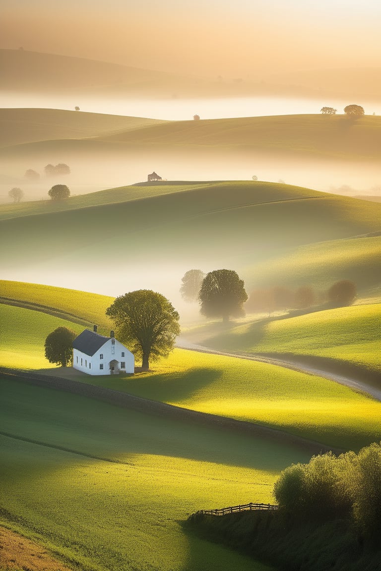 Capture a serene rural landscape with rolling hills, lush green pastures, and a distant farmhouse shrouded in a soft mist. The sun casts a warm golden light on the scene, with the shadows of trees stretching across the fields. A winding dirt road meanders through the landscape, disappearing into the horizon.