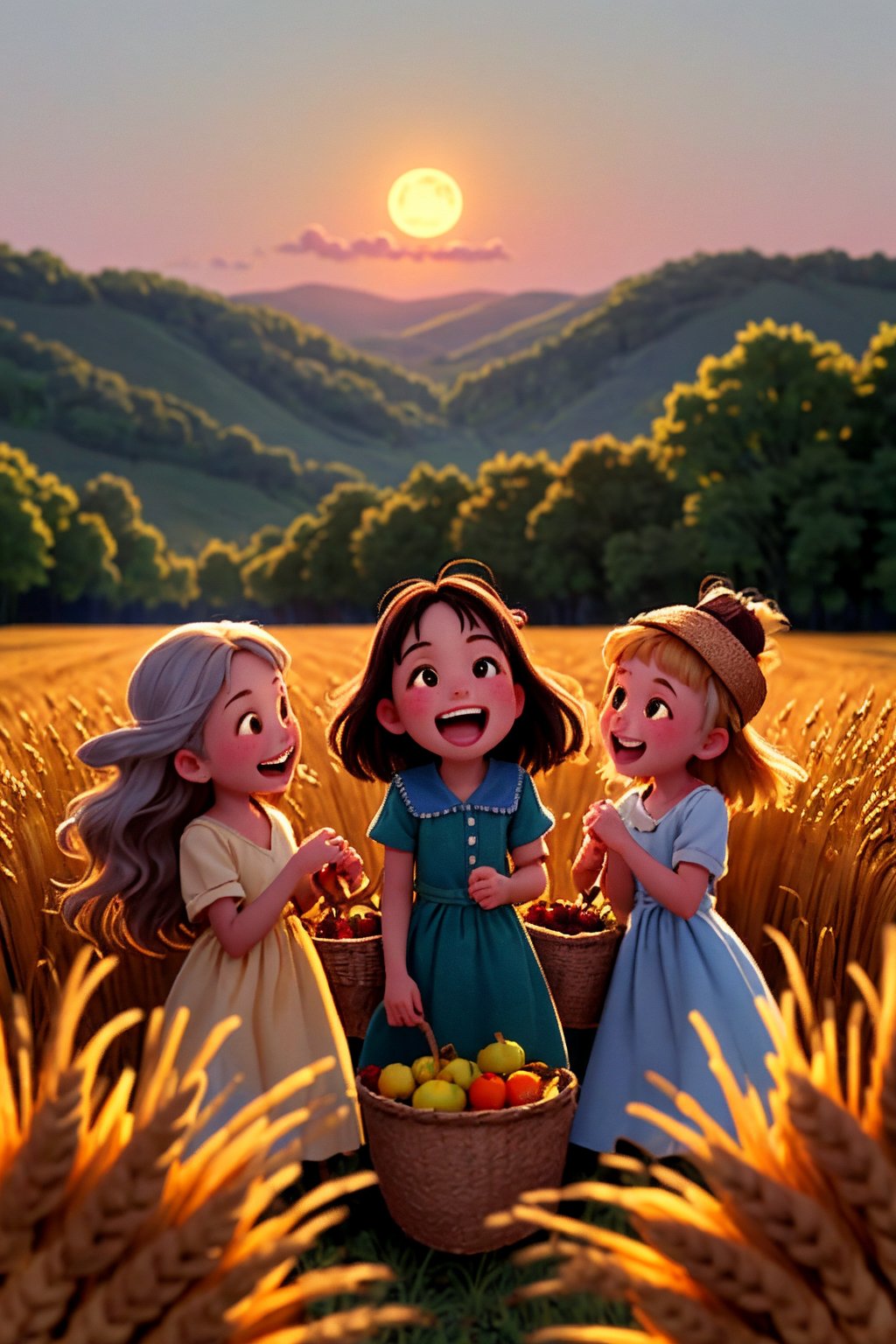 A warm sunset glows behind a group of SING Girls, their faces aglow with joy and laughter as they celebrate the bounty of the harvest. The full moon rises high in the sky, casting a silver glow over the rustic landscape. Baskets overflowing with golden wheat and ripe fruits are scattered at their feet.