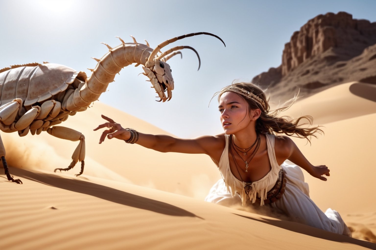 (4k), (masterpiece), (best quality),(extremely intricate), (realistic), (sharp focus), (award winning), (cinematic lighting), (extremely detailed), A girl fighting a white scorpion in the desert, from below, boho_chic