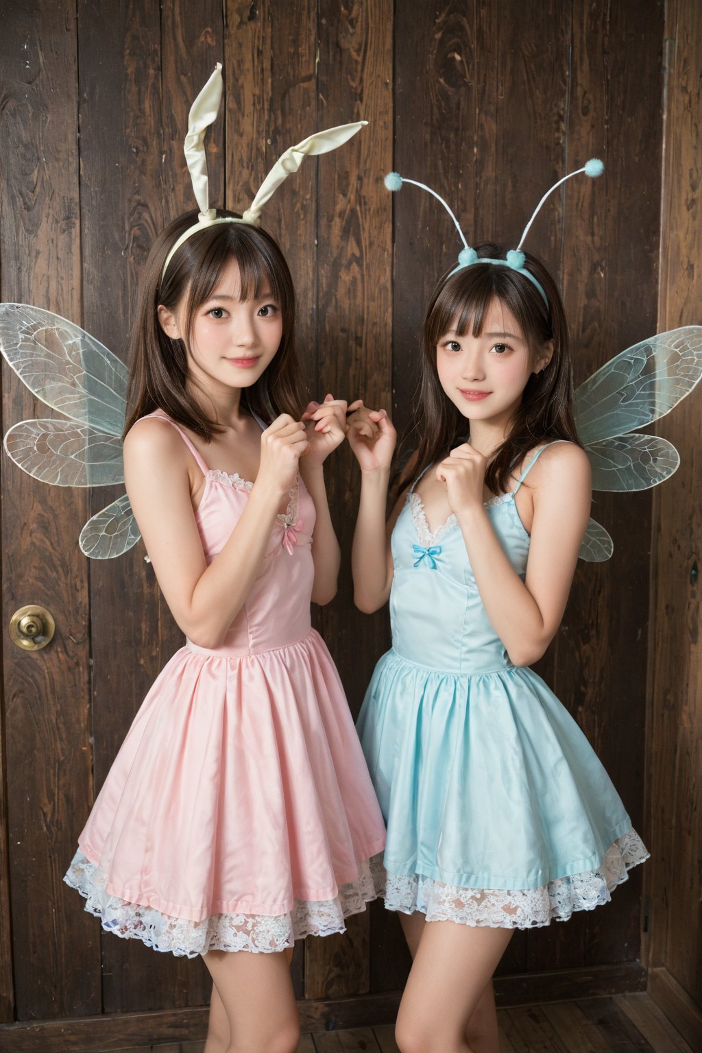 A whimsical scene unfolds in a cozy photo studio: two girls, donning cicada costumes, strike playful poses amidst a rustic wooden backdrop. Softbox lighting casts a warm glow, accentuating their bright smiles and the delicate details of their insect-inspired attire. One girl twirls her antennae, while the other tilts her head, as if sharing a secret. The air is filled with an sense of carefree joy, captured perfectly in this charming snapshot.