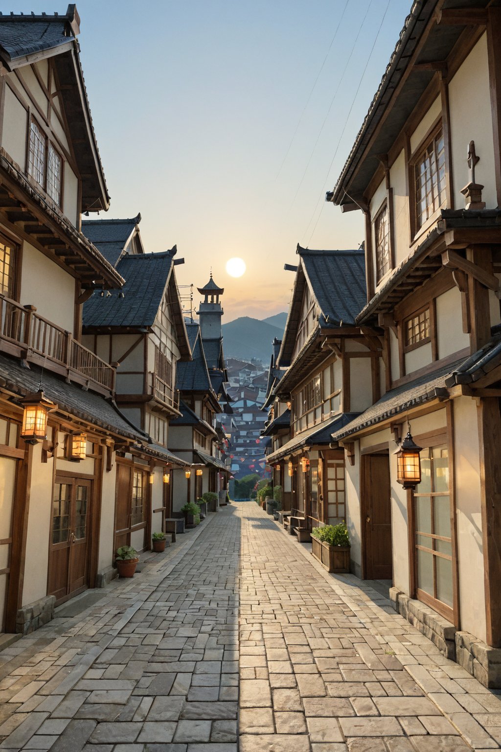 An ancient Japanese cityscape at dusk, with traditional wooden buildings and tiled roofs nestled between towering stone walls. Lanterns adorned with intricate designs illuminate the cobblestone streets, where samurai warriors in traditional armor stroll alongside merchants carrying wicker baskets. The vibrant colors of a setting sun cast long shadows across the tranquil scene.