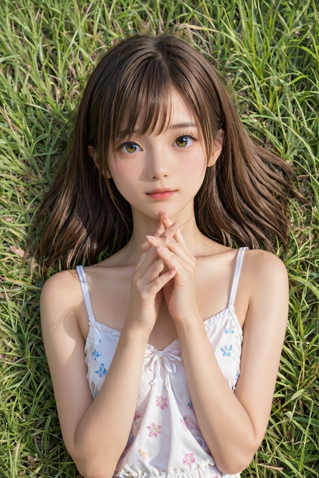 A girl lying face down with her chin in her hand, a meadow at the end of summer, a cute pose