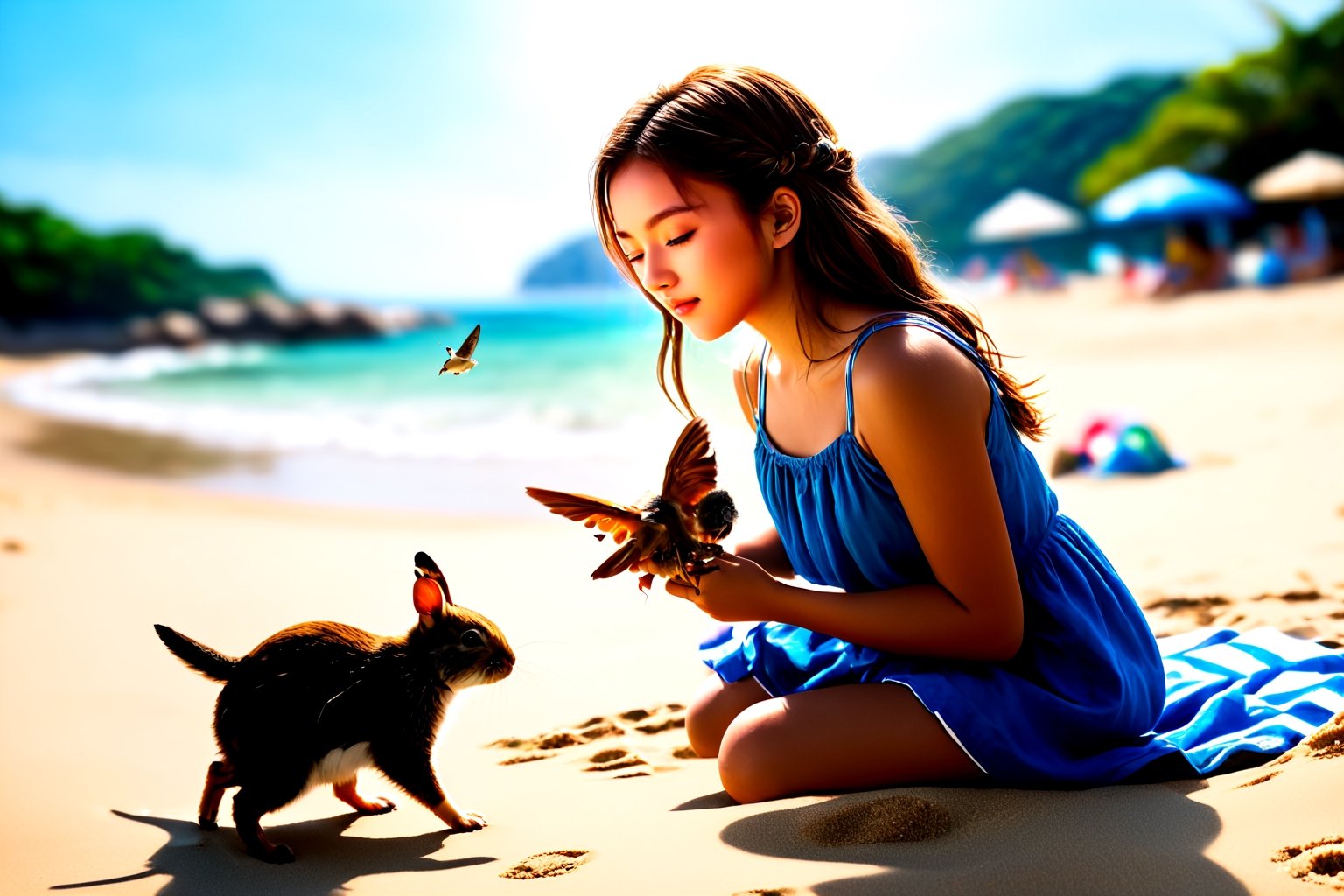 (4k),  (masterpiece),  (best quality), (extremely intricate),  (realistic),  (sharp focus),  (award winning),  (extremely detailed), (best quality,4k,8k,highres,masterpiece:1.2),ultra-detailed,(realistic,photorealistic,photo-realistic:1.37), A girl playing with small animals, full body, from below, beach, real_booster,kwon-nara,real_booster,kristinapimenova