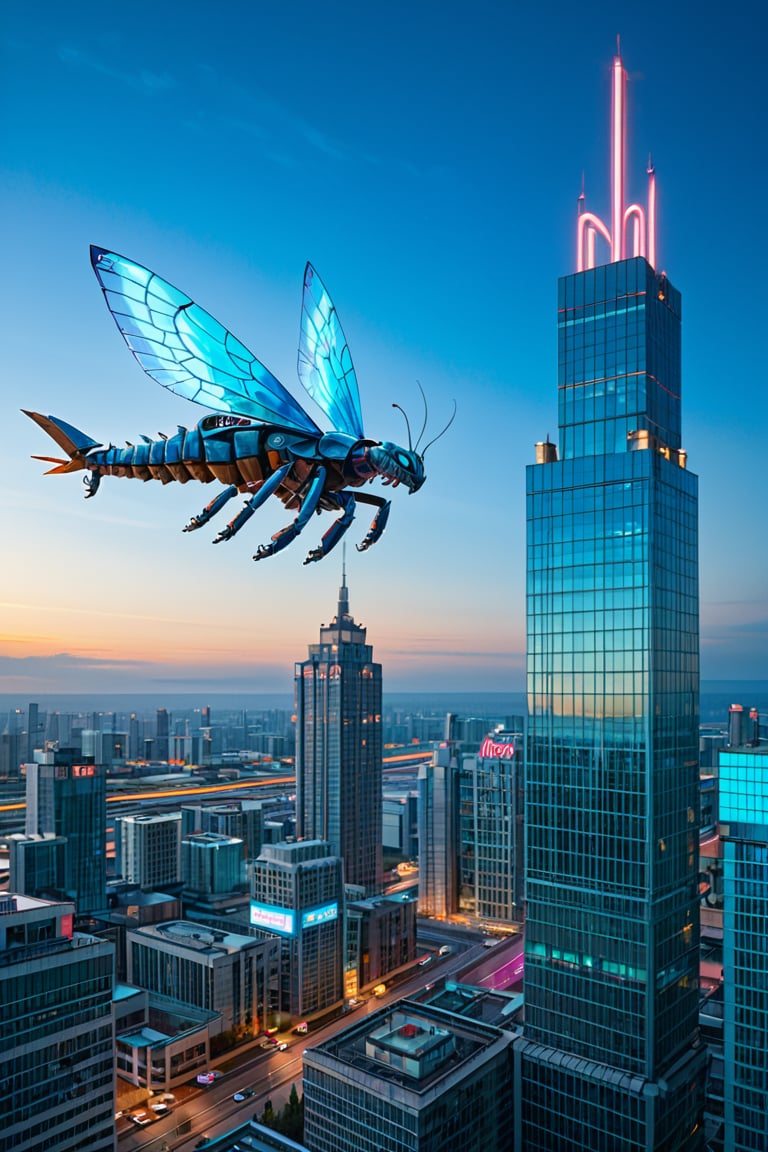 A futuristic cityscape at dusk, with neon lights reflecting off metallic scales as a group of towering, insectoid beings with glowing blue eyes and iridescent wings hover in mid-air. Their elongated bodies are encased in shimmering armor, with intricate circuitry visible beneath. The background features a sprawling metropolis with skyscrapers and flying cars zipping by.