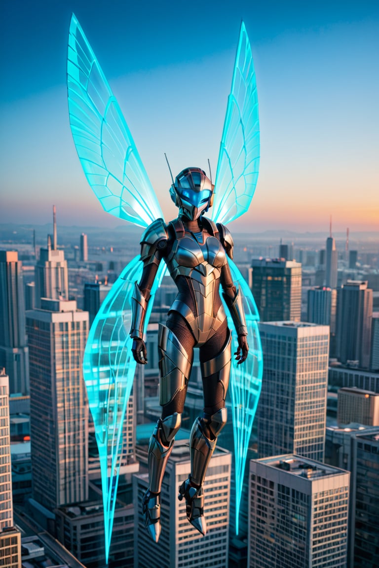 A futuristic cityscape at dusk, with neon lights reflecting off metallic scales as a group of towering, insectoid beings with glowing blue eyes and iridescent wings hover in mid-air. Their elongated bodies are encased in shimmering armor, with intricate circuitry visible beneath. The background features a sprawling metropolis with skyscrapers and flying cars zipping by.