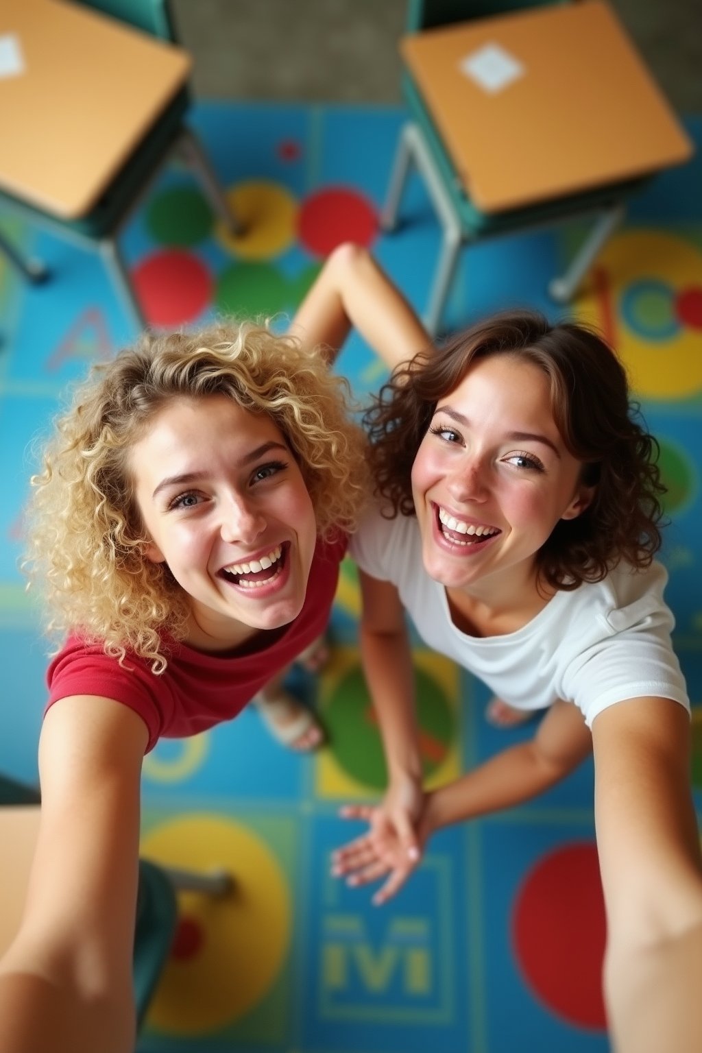 A vibrant scene unfolds in a colorful classroom: two young women, one with curly blonde hair and bright blue eyes, the other with short brown locks and radiant smile. They're engrossed in a lively game of Twister, their laughter and playful shrieks filling the air. The camera captures their joyful moment from above, with the vibrant colors of the Twister mat and nearby desks creating a lively backdrop. The soft glow of overhead lamps adds warmth to the scene, while the girls' carefree poses exude youthful energy.