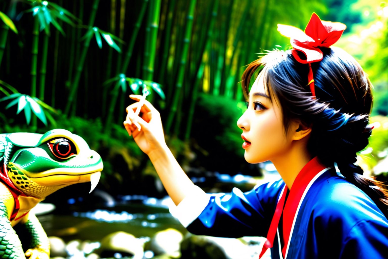 (masterpiece:1.1), (best quality:1), (ultra high res:1.2), 8k, photo real, (beautiful and clear background:1.0), (depth of field:1),Girl fighting with kappa, river side, bamboo forest