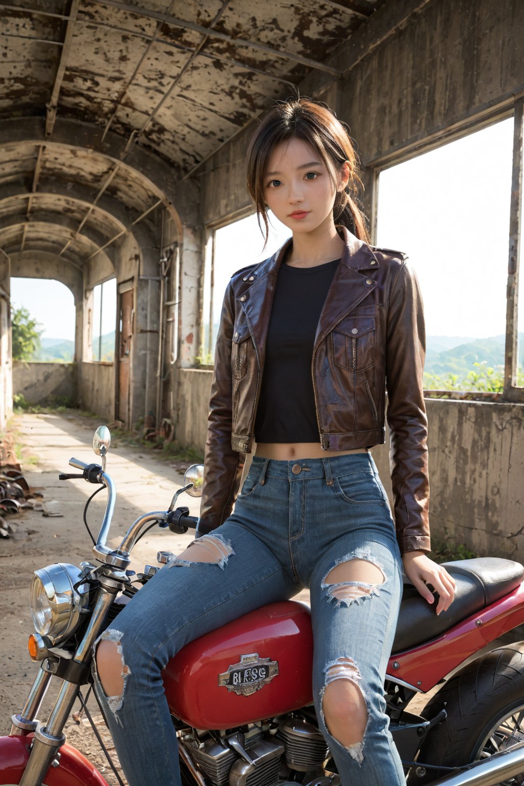 A close-up shot of a girl sitting astride a vintage motorcycle, her leather jacket and ripped jeans contrasting with the bike's rusty metal. The sunlight casts a warm glow on her face, highlighting her determination as she grips the handlebars, engine purring softly in the background. A dusty, abandoned highway stretches out behind her.