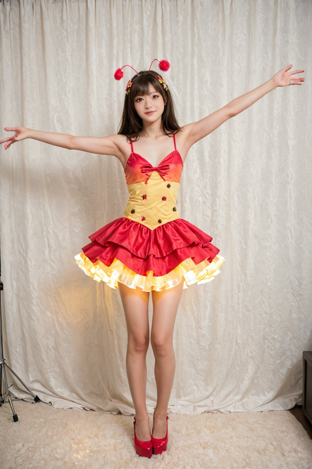 Girls dressed in insect-inspired costumes, posing adorably amidst a colorful photo studio setting. Softbox lights create a warm glow, accentuating the subjects' playful expressions and vibrant outfits. One girl sits with her legs tucked under, while another stands with arms outstretched, both showcasing their creative takes on cicada personas.