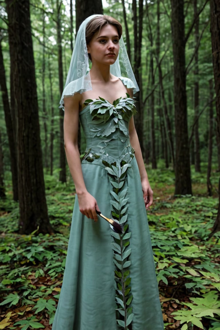 A serene forest glade at dusk: towering trees frame a tranquil clearing, their leaves rustling softly in the fading light. A misty veil rises from the forest floor, shrouding the underbrush in mystery. In the distance, a solitary figure stands at attention, dressed in earth-toned attire, blending seamlessly with the surroundings.