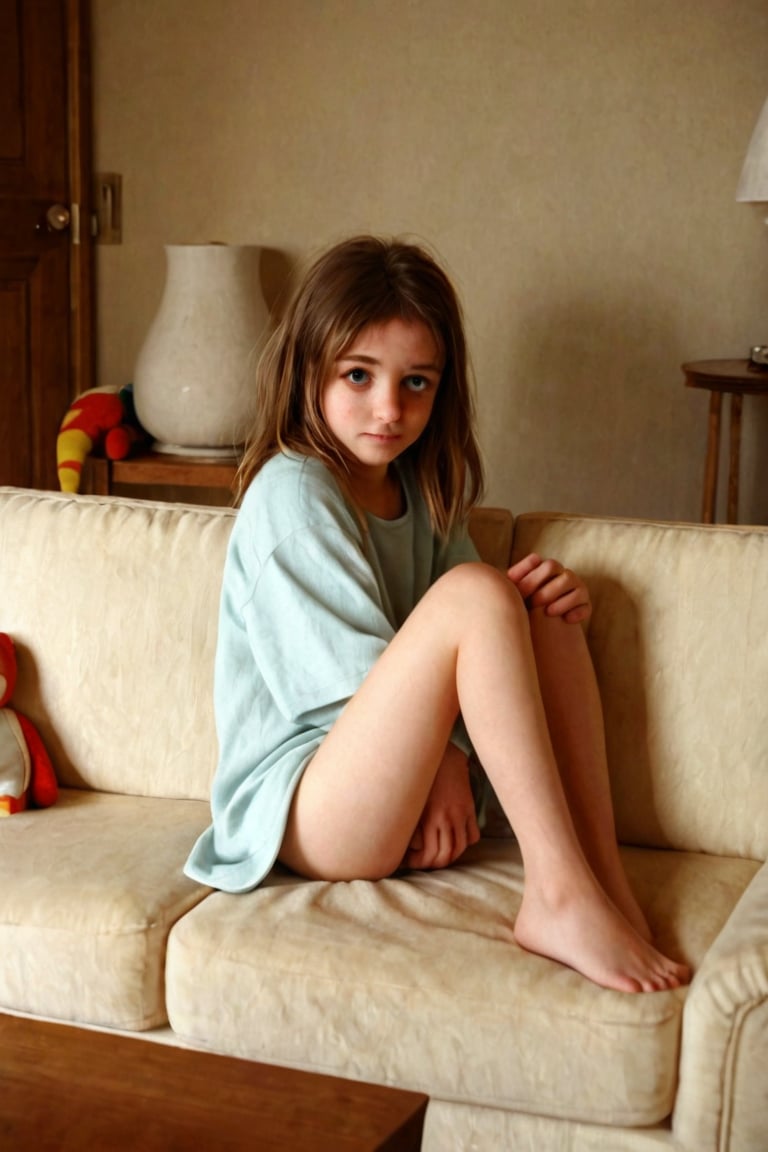 A tender moment captured in a warm, golden-lit living room setting. A young girl, with a look of quiet contemplation, lies on a plush sofa, her legs bent and arms wrapped snugly around her knees, as if seeking comfort and solace from within. The soft cushions and gentle curves of the furniture blend seamlessly into the cozy atmosphere, while the subject's vulnerability invites the viewer to share in her introspective mood.