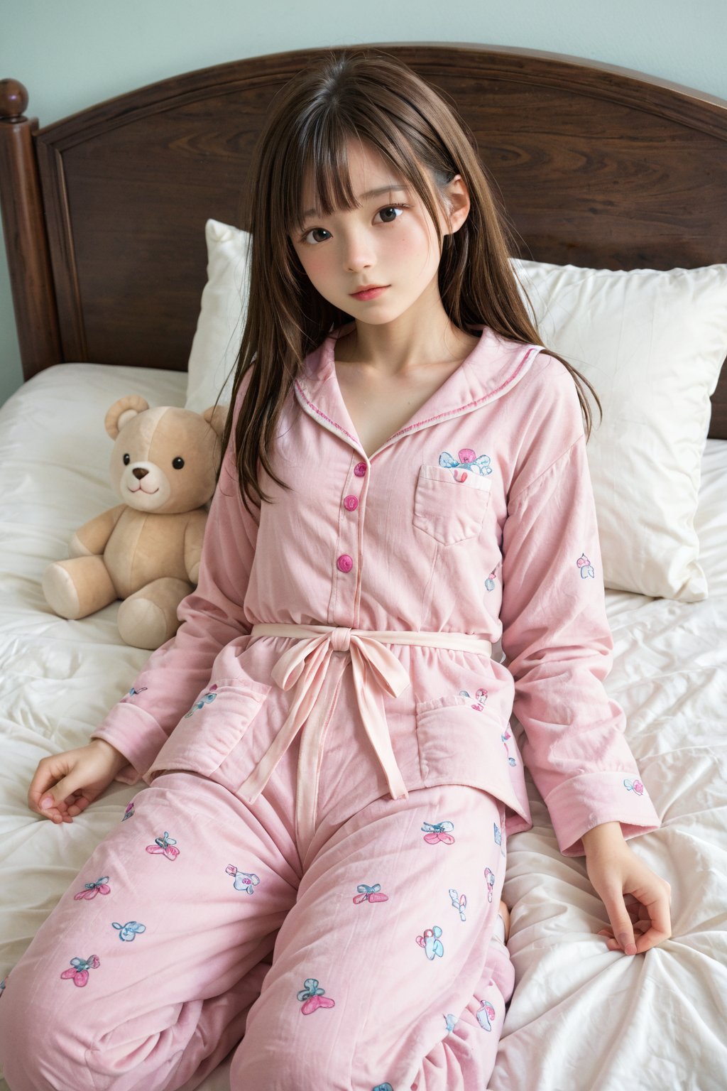 Soft focus photograph of a young girl reclining on a plush bed, her face nestled in the cradle of her hands. Her loose-fitting pajamas draped elegantly around her, creating a sense of relaxed comfort. Warm, diffused lighting casts a gentle glow, highlighting the softness of her skin and the tranquility of her pose.