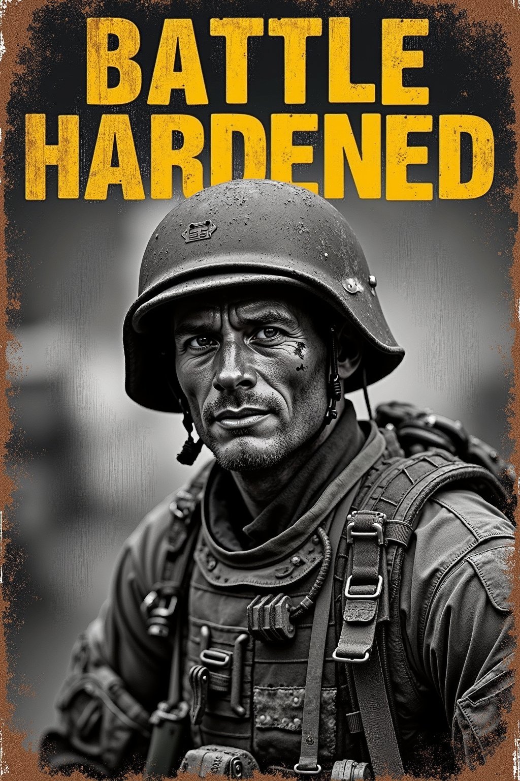 Front cover of a worn leather-bound military magazine, 'Battle Hardened' emblazoned in bold gold letters across the top. A gritty black-and-white photograph of a battle-scarred soldier, camouflage uniform streaked with mud and sweat, gazes out from beneath a helmet's shadow. Faded tactical gear hangs limp, testament to the toll of war. The cover's worn texture evokes stories of dusty foxholes and smoke-filled battles.