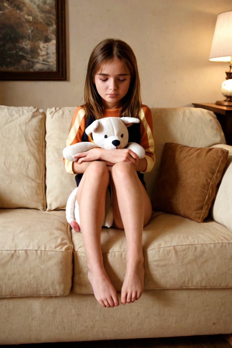 A tender moment captured in a warm, golden-lit living room setting. A young girl, with a look of quiet contemplation, lies on a plush sofa, her legs bent and arms wrapped snugly around her knees, as if seeking comfort and solace from within. The soft cushions and gentle curves of the furniture blend seamlessly into the cozy atmosphere, while the subject's vulnerability invites the viewer to share in her introspective mood.