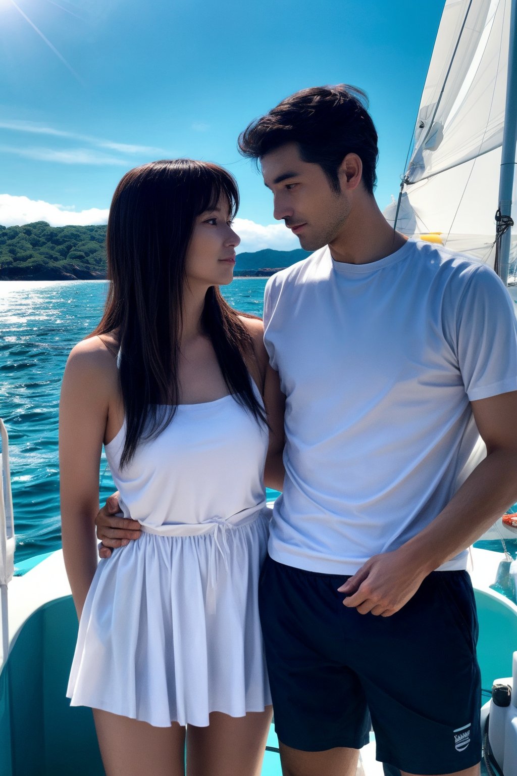 A serene sailing yacht, with a sleek white hull and billowing sails, glides smoothly across the calm turquoise waters of a tropical bay. A mixed doubles sailing team, comprising a determined-looking couple, stands at attention on the deck, their faces set in focused concentration as they expertly navigate the vessel's trajectory. The warm sunlight casts a golden glow on the scene.