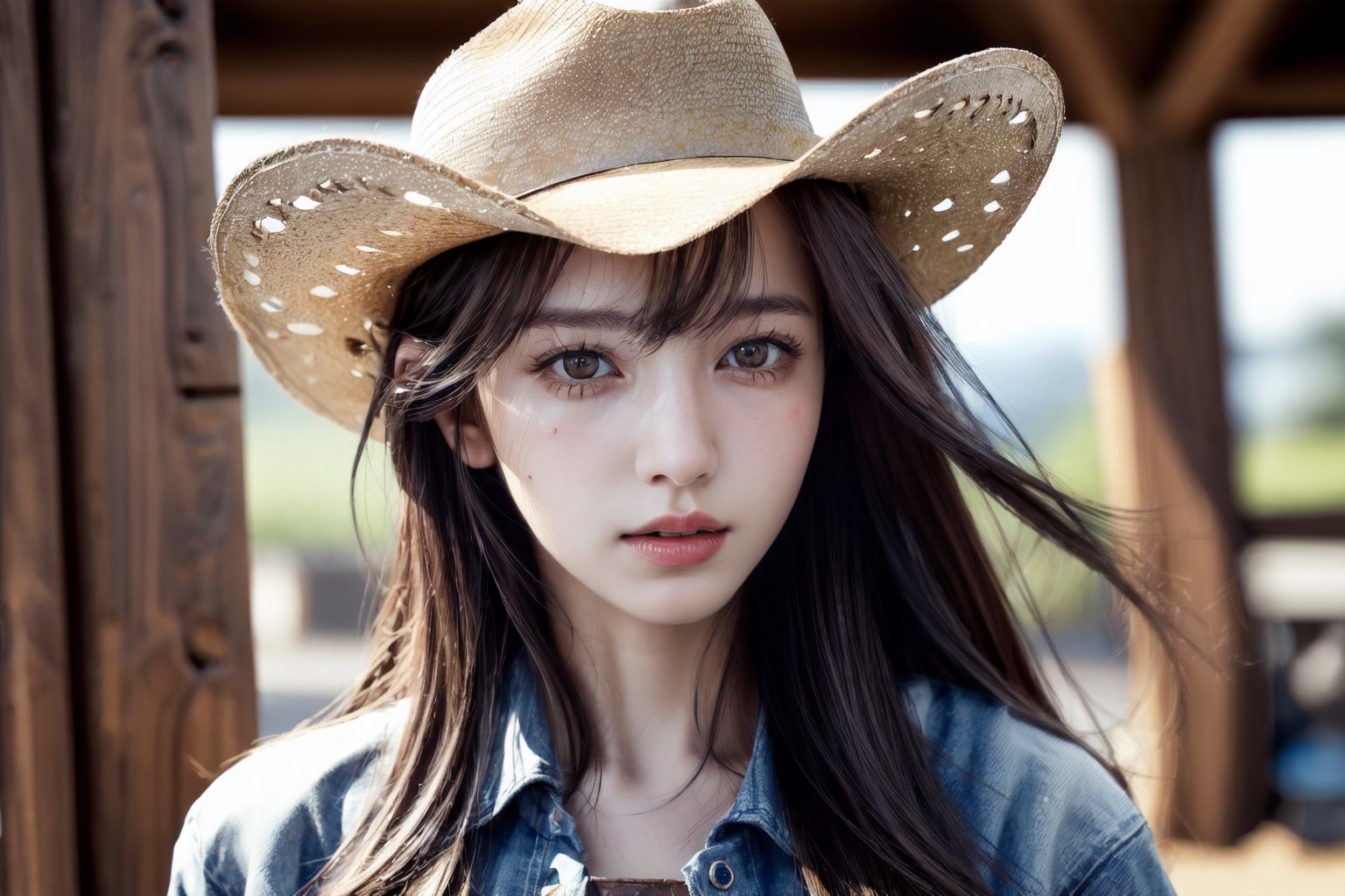 (Top Quality, High Resolution, Masterpiece: 1.2), Photorealistic, Detailed Faces, ultra-detailed,Cowgirl, rodeo tournament, girl riding a rough horse, cowboy hat, pistol