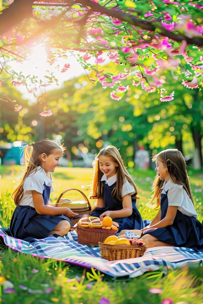 Soft focus captures a quintessential moment: three beautiful schoolgirls sit on a blanket spread across the lush green grass of the park, surrounded by blooming flowers. The warm sunlight filters through the trees, casting a gentle glow on their smiling faces as they share a picnic basket filled with sandwiches, fruit, and cookies.