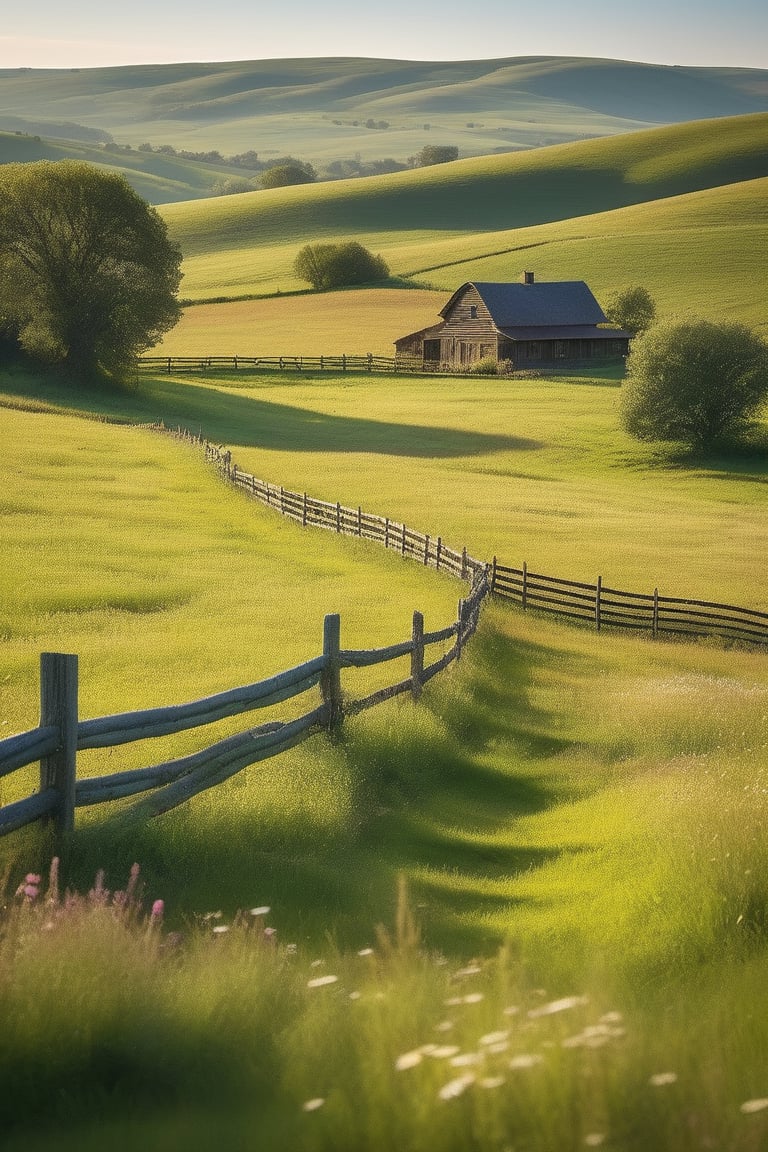 A serene countryside scene: a lush green meadow stretches across the frame, gently rolling hills in the background, warm sunlight casting long shadows, a rustic wooden fence meandering through the center, a few wildflowers blooming, and a distant farmhouse dotting the horizon.