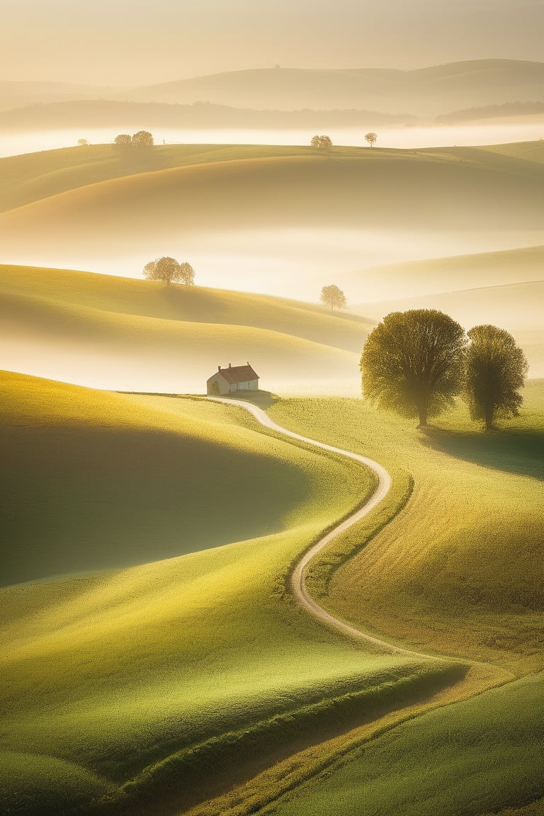 Capture a serene rural landscape with rolling hills, lush green pastures, and a distant farmhouse shrouded in a soft mist. The sun casts a warm golden light on the scene, with the shadows of trees stretching across the fields. A winding dirt road meanders through the landscape, disappearing into the horizon.