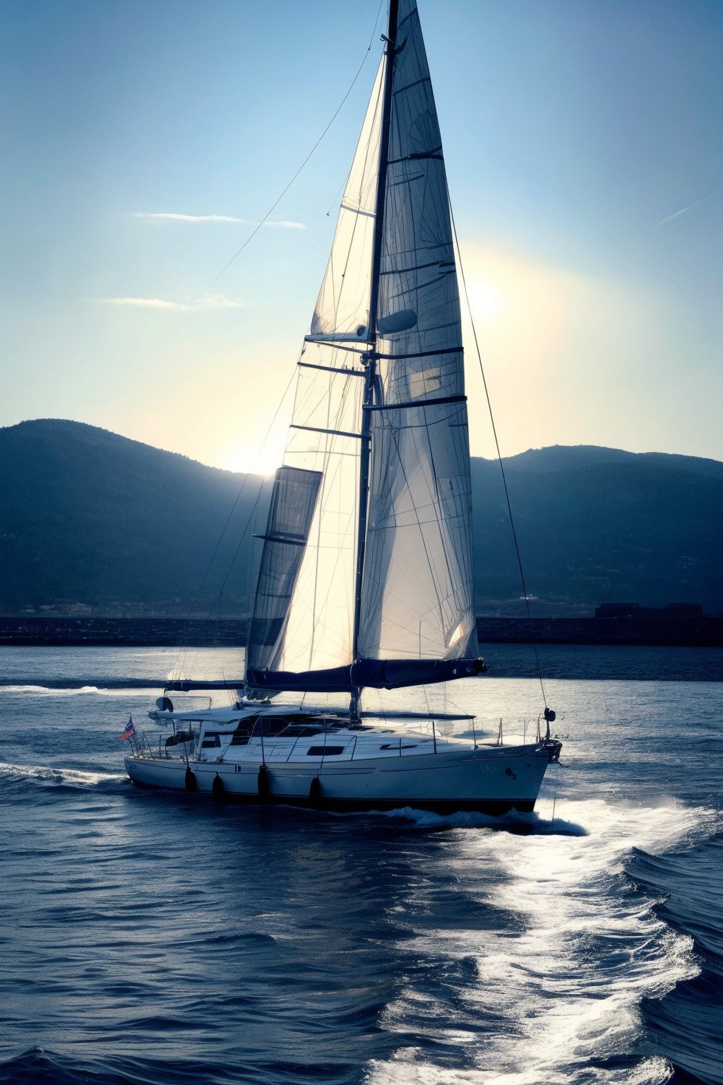 A sleek yacht glides across the crystal-clear waters, its sails billowing in the gentle breeze. A team of mixed-doubles sailors, dressed in crisp uniforms, lean over the side of the vessel as they adjust their weight to maintain perfect equilibrium. The sun casts a warm glow on the scene, highlighting the subtle sheen on the water and the determined expressions on the athletes' faces.