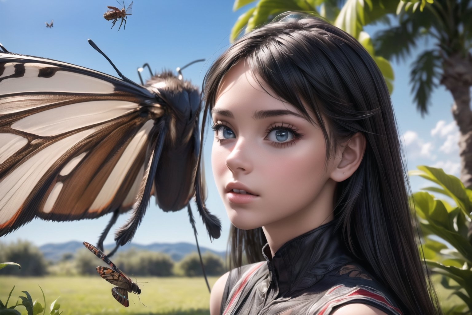 (sharp focus),  (award winning),  (extremely detailed),  (best quality, 4k, 8k, highres, masterpiece:1.2), ultra-detailed, (realistic, photorealistic, photo-realistic:1.37), a girl playing with ((big insects)), outdoor, sky,Sara