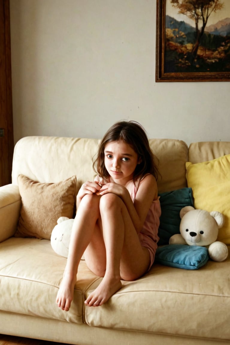 A tender moment captured in a warm, golden-lit living room setting. A young girl, with a look of quiet contemplation, lies on a plush sofa, her legs bent and arms wrapped snugly around her knees, as if seeking comfort and solace from within. The soft cushions and gentle curves of the furniture blend seamlessly into the cozy atmosphere, while the subject's vulnerability invites the viewer to share in her introspective mood.