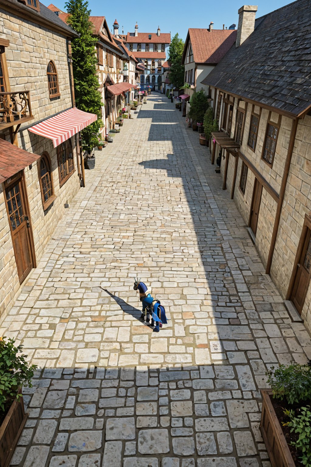 Aerial view of a bustling medieval European city, with intricately tiled rooftops and wooden guildhalls stretching along cobblestone streets. The warm glow of torches and lanterns illuminates the scene, casting long shadows across the market square. Merchants and townsfolk go about their daily business, while knights in shining armor stand guard at the city gate.