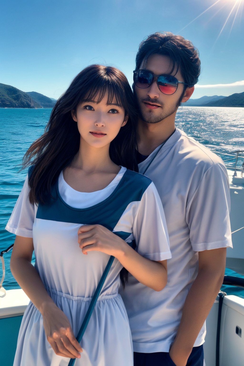 A serene sailing yacht, with a sleek white hull and billowing sails, glides smoothly across the calm turquoise waters of a tropical bay. A mixed doubles sailing team, comprising a determined-looking couple, stands at attention on the deck, their faces set in focused concentration as they expertly navigate the vessel's trajectory. The warm sunlight casts a golden glow on the scene.