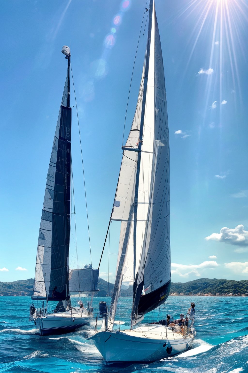 A shot of a mixed doubles sailing team in high-stakes competition, with the sailors leaning over the side of their sleek white yacht to adjust the sails and balance the boat's trajectory amidst choppy turquoise waters. The sun casts a warm glow on the scene, with a hint of sea spray misting the air as the crew members' faces contort in concentration.