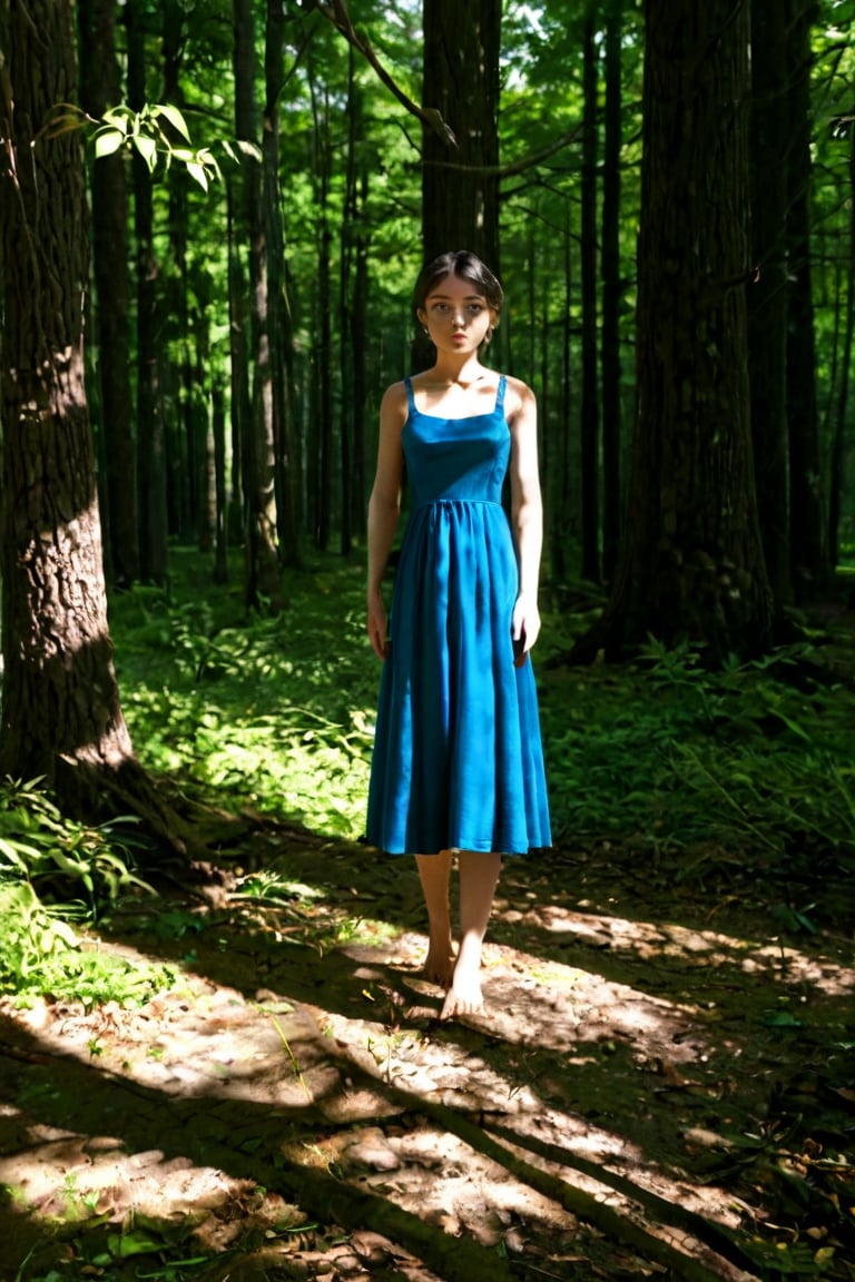 A serene forest landscape with a lone girl standing at the edge of a dense thicket, looking confused and disoriented. The sunlight filters through the leaves above, casting dappled shadows on the forest floor. The girl's bright blue dress blends with the surrounding foliage, as if she has become one with nature.