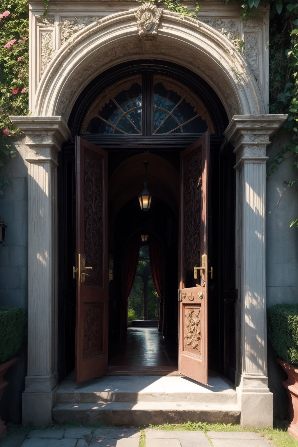 A whimsical illustration of Little Devil Academy's entrance, a charming red-brick building with a pointed Gothic-style roof, surrounded by lush greenery and vibrant flowers. The door, adorned with intricate carvings of tiny devils, is flung open to reveal a warm golden light spilling out onto the pathway. In the foreground, a curious little devil student peers out from behind a wreath of laurel leaves, as if checking for visitors.