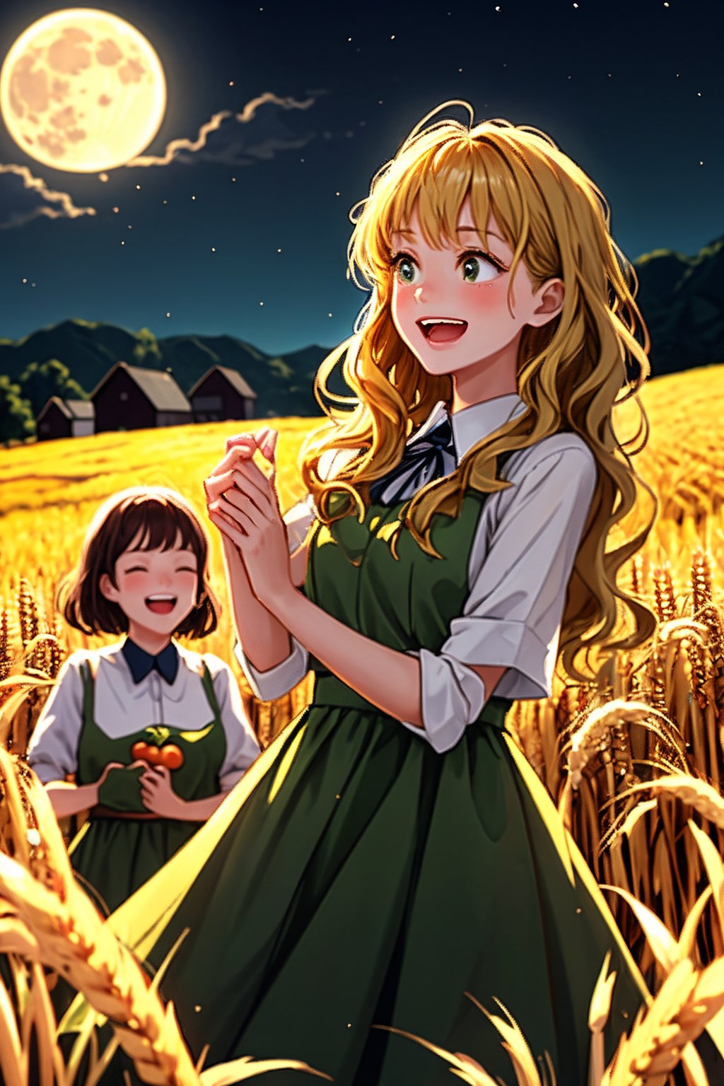 A vibrant 3D cartoon scene! A group of singing girls, dressed in harvest-inspired attire, gather around a glowing Harvest Moon. The bright yellow moon casts an warm orange glow on the characters' faces and dresses. The girls' hair flows like corn silk, with green leaves and ripe fruits scattered throughout their locks. They harmonize under the celestial body, surrounded by a whimsical landscape of golden wheat fields and rustic farmhouses, evoking a sense of joyous celebration.