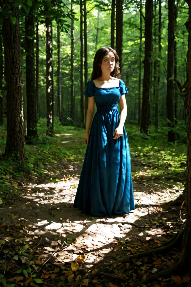 A serene forest landscape with a lone girl standing at the edge of a dense thicket, looking confused and disoriented. The sunlight filters through the leaves above, casting dappled shadows on the forest floor. The girl's bright blue dress blends with the surrounding foliage, as if she has become one with nature.