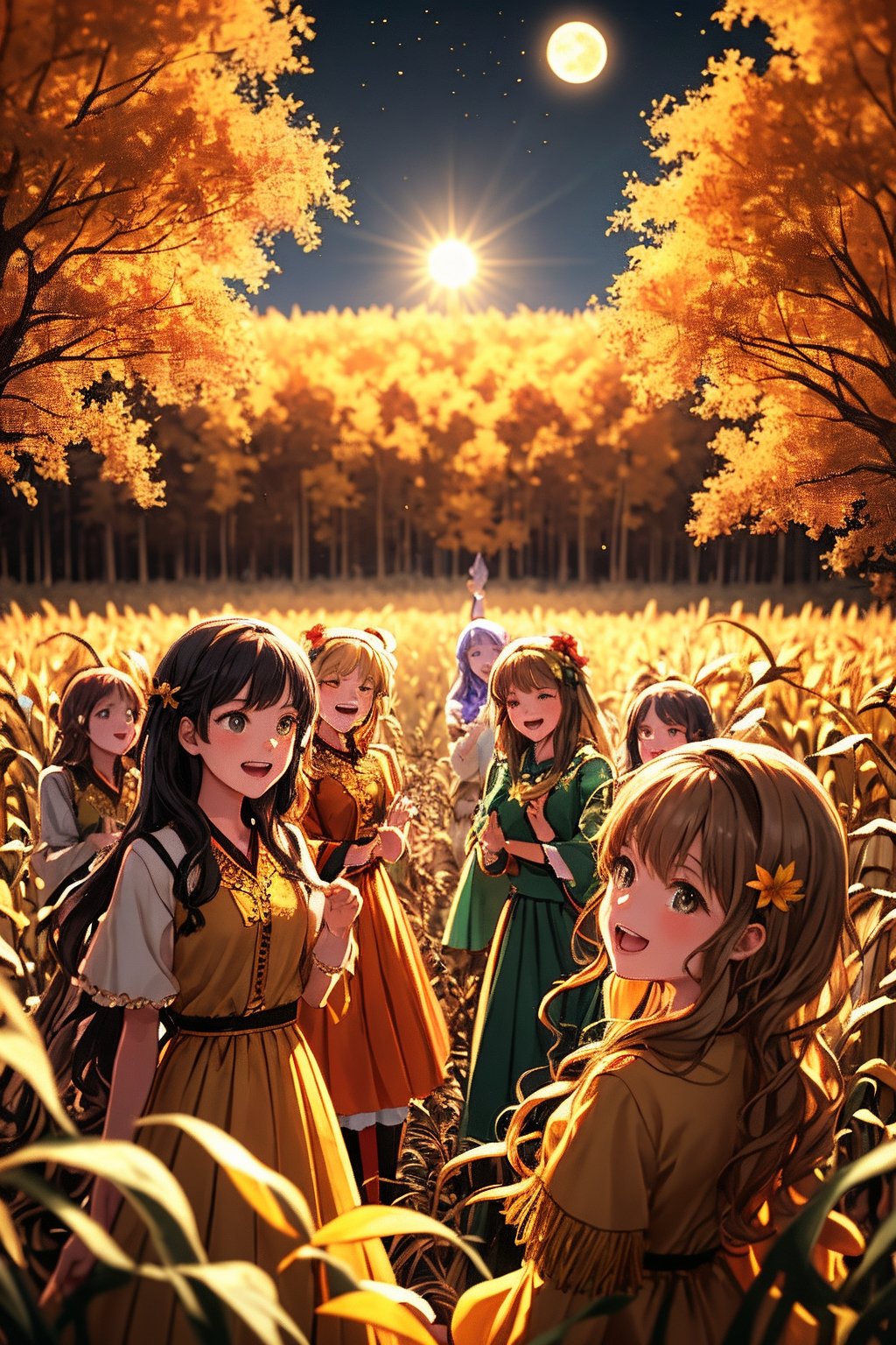 A vibrant 3D cartoon scene unfolds: a group of singing girls, dressed in flowing harvest-inspired costumes, gather around a majestic harvest moon. Softly glowing golden light illuminates their joyful faces as they harmonize amidst a backdrop of swaying corn stalks and autumnal trees. The camera frames the scene from above, capturing the girls' lively performance and the serene lunar presence.