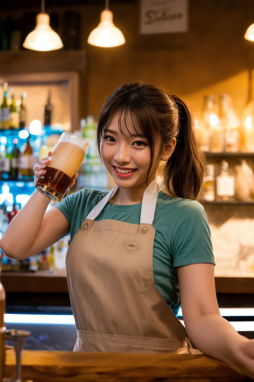 A cheerful bartender at a girls' bar pours beer with a warm smile as she chats with customers, the soft glow of neon lights reflecting off her bright apron, the vibrant atmosphere pulsating with laughter and conversation.