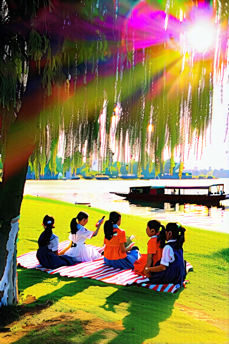 Golden light filters through the willow trees as a group of beautiful schoolgirls sit together on a blanket by the lake's edge. Freshly cut grass and the gentle lapping of water against the shore create a serene atmosphere. The girls' laughter and conversation fill the air as they enjoy their lunch, their bright dresses and blouses popping against the lush greenery. A sailboat drifts lazily across the lake, adding to the idyllic scene.