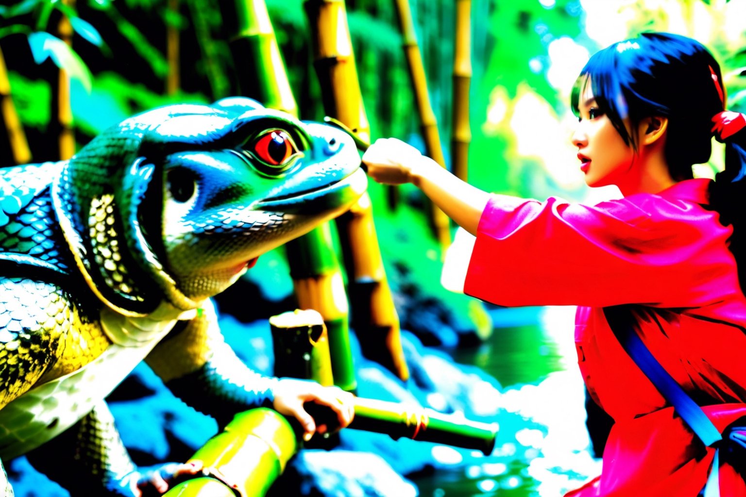 (masterpiece:1.1), (best quality:1), (ultra high res:1.2), 8k, photo real, (beautiful and clear background:1.0), (depth of field:1),Girl fighting with kappa, river side, bamboo forest