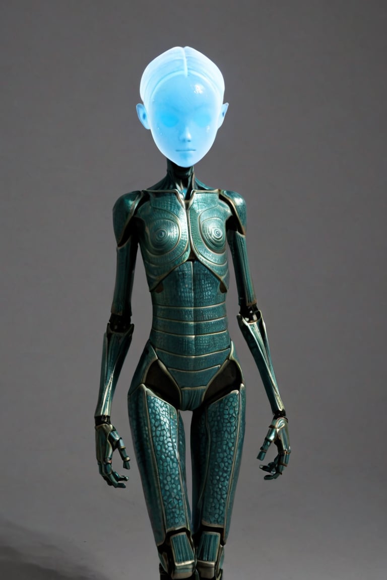 A close-up shot of Life Form 8472, a peculiar being with iridescent blue-green skin and six long, slender limbs. The camera captures the intricate patterns on its torso as it poses on a metallic, cylindrical platform, surrounded by a dimly lit, sterile environment. The only light source is a faint blue glow emanating from the background, casting an ethereal ambiance.