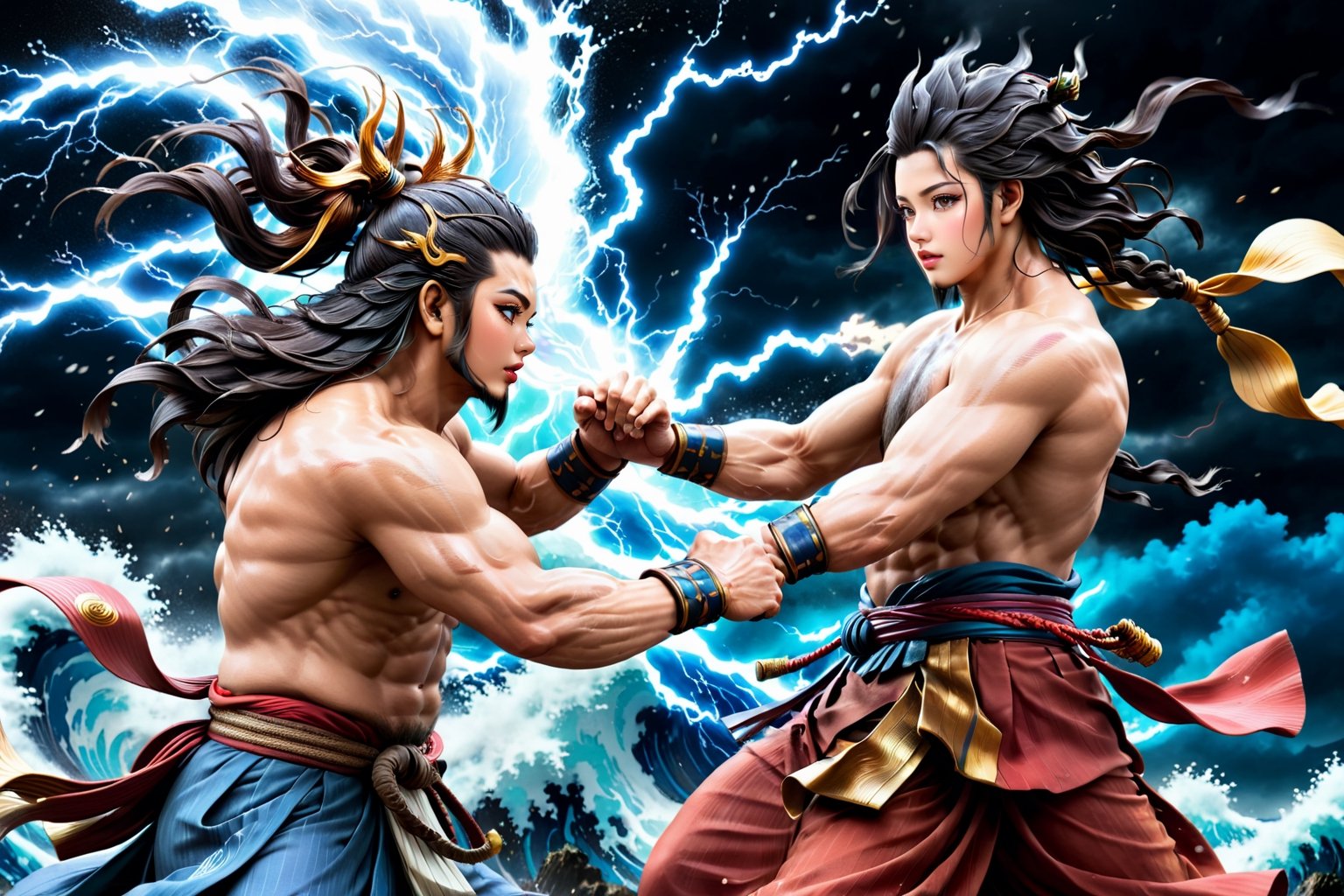  high contrast, (vibrant color:0.5), (muted colors, soothing tones:1.3), Exquisite details and textures, cinematic shot,  ultra realistic photograph , best quality, masterpiece, ancient japanese 2 gods, god of wind is fighting  against god of thunder, full body, r4w photo