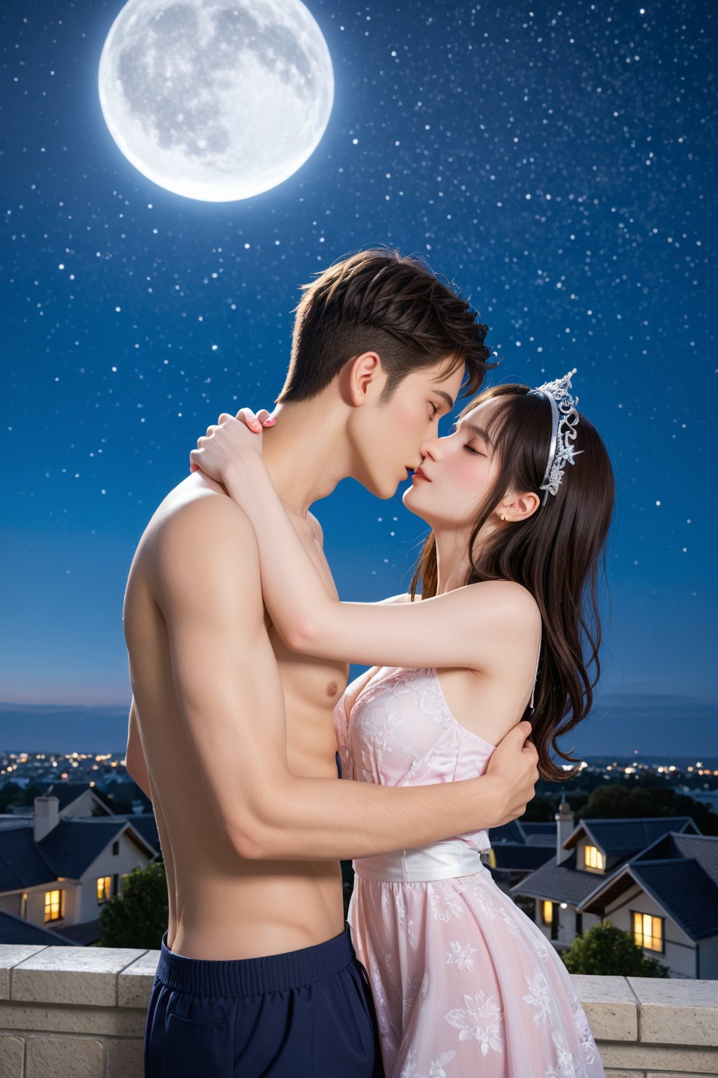 A serene couple, entwined in a romantic embrace, gazes up at the majestic harvest moon, its radiant glow casting an ethereal light upon their faces. The full moon's creamy white hue is subtly diffused by wispy clouds, imbuing the scene with a sense of mystique. Against the starry night sky, the rooftop's weathered tiles and rustic railings provide a charming backdrop for this whimsical fantasy, as if plucked from a dream.