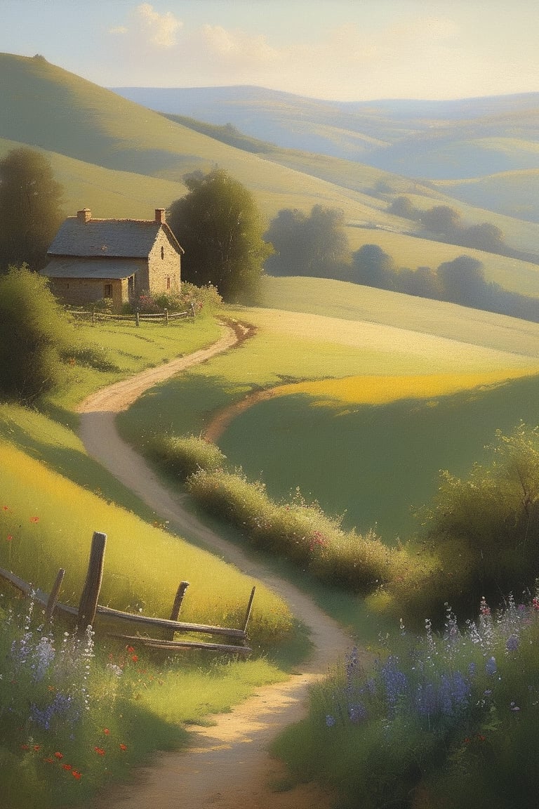 A serene scene unfolds: a gentle hillside stretches across the canvas, with lush greenery and wildflowers swaying softly in the breeze. A winding dirt path meanders through the landscape, leading to a rustic farmhouse with smoke drifting lazily from its chimney. Warm sunlight casts long shadows, illuminating the rolling hills and adding depth to this idyllic rural setting.