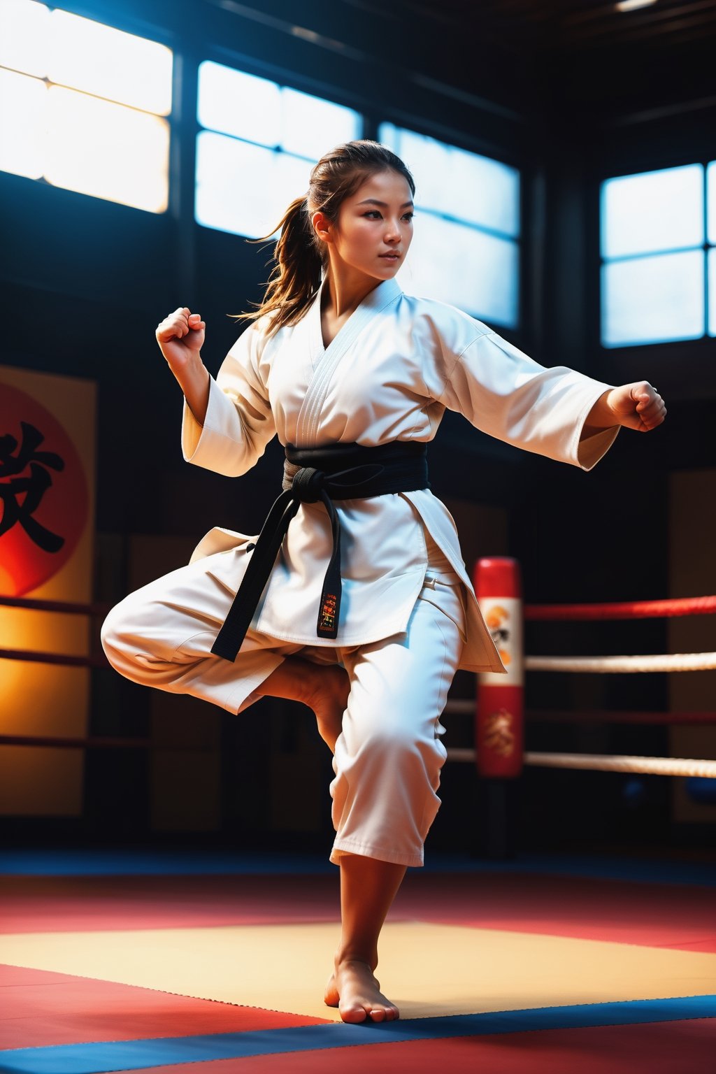 (Top Quality, 8K, High Resolution, masterpiece:1.2), ultra-detailed, realistic, physically based rendering, HDR, soft lighting,  Girl doing karate, upper roundhouse kick