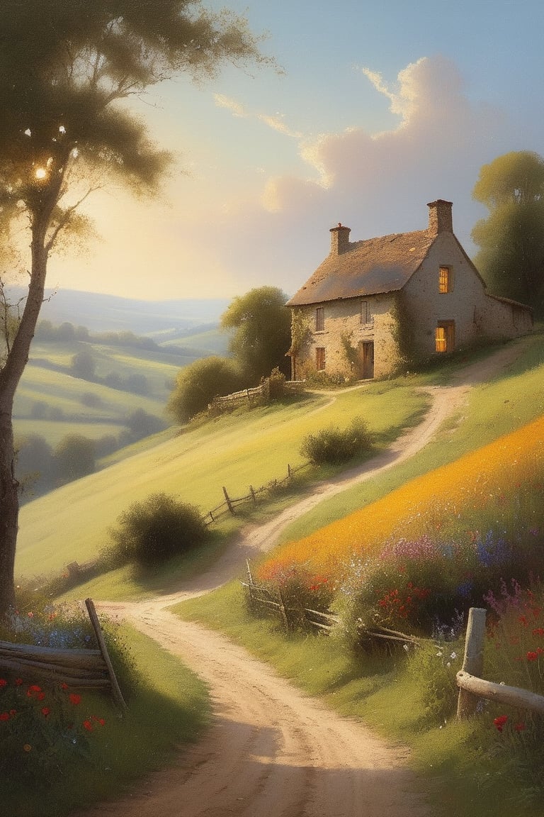 A serene scene unfolds: a gentle hillside stretches across the canvas, with lush greenery and wildflowers swaying softly in the breeze. A winding dirt path meanders through the landscape, leading to a rustic farmhouse with smoke drifting lazily from its chimney. Warm sunlight casts long shadows, illuminating the rolling hills and adding depth to this idyllic rural setting.