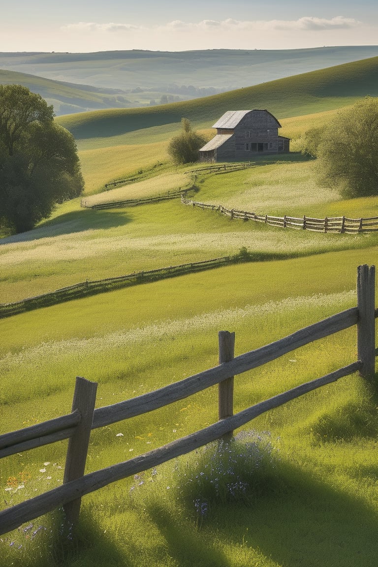 A serene countryside scene: a lush green meadow stretches across the frame, gently rolling hills in the background, warm sunlight casting long shadows, a rustic wooden fence meandering through the center, a few wildflowers blooming, and a distant farmhouse dotting the horizon.