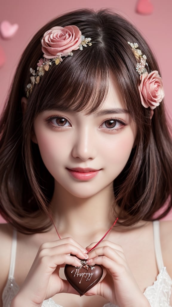 1girl, (big round eyes:1.15), (Highly detailed beautiful face), smile, (highest quality:1.4), Highly detailed CG integrated 8k wallpaper, RAW photo, professional photos, cinematic lighting, flower hair ornament, (valentine day, valentine gift, valentine heart chocolate:1.3), depth of field,