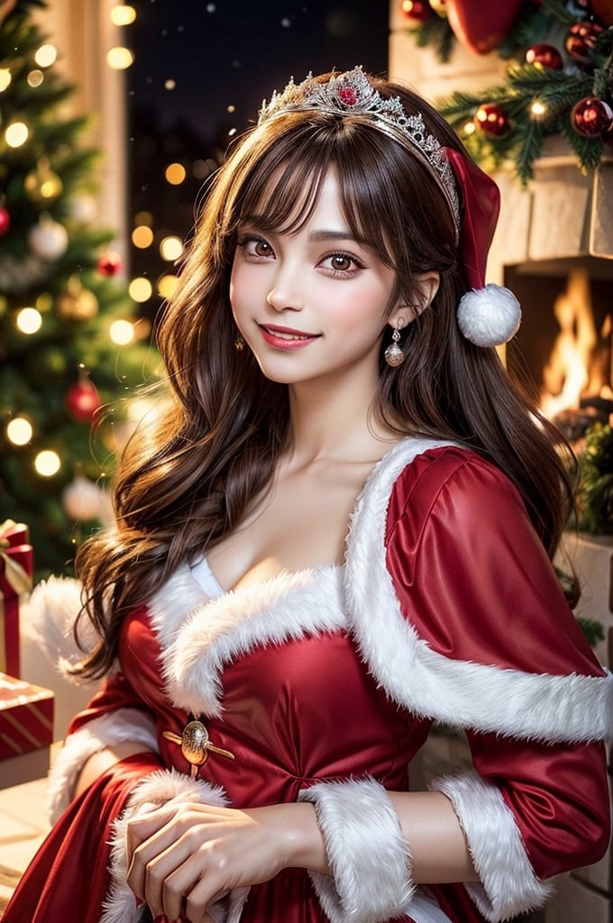 (prince and beautiful princess pictures:1.3), (Photo illustration of santa claus prince and beautiful princess:1.3), Realistic portrait, Amazing face and eyes, (Best Quality:1.4), (Ultra-detailed), (extremely detailed CG unified 8k wallpaper), Highly detailed, Christmas night, surrounded by warm light, smiling happily, Santa Claus prince brought many presents, white wallpaper, fireplace, Christmas, Christmas Ornaments, Christmas tree, the happiest time, surrounded by love, happy expression, highest image quality, highest resolution, depth of field,